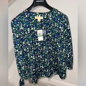 NWT Michael Kors Floral Blouse - Blue, Green, and White blouse size L